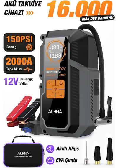 Auhma A9944 Araç Takviye Cihazı & Hava Kompresörü 16000mah Powerbankli 150 Psı Akıllı Akü Booster Ta