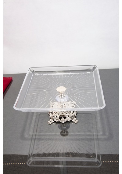 Argkristal Madlen Kare Servis Ve Sunum Tabağı Gümüş Detaylı Metal Ayaklı 24x24x14 Gümüş