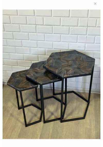 Usta Altıgen Siyah Metal Mdf Tablalı 3lü Zigon Sehpa Siyah