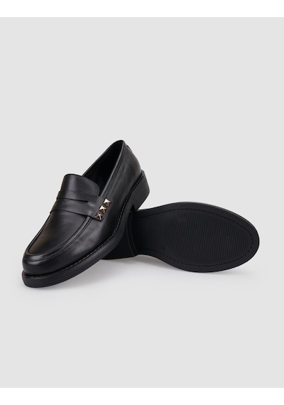 Hakiki Deri Siyah Zımba Detaylı Kadın Loafer Siyah
