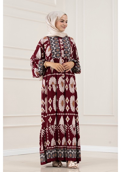 Sevitli Yarım Düğmeli Robalı Yaren Elbise-bordo-5858