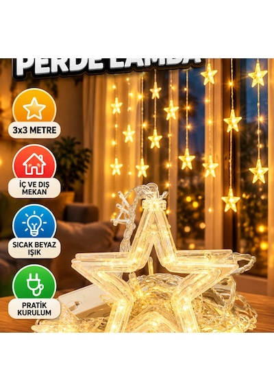 3x3 Metre Yıldız Figürlü Led Perde Işık Dekoratif Peri Aydınlatma