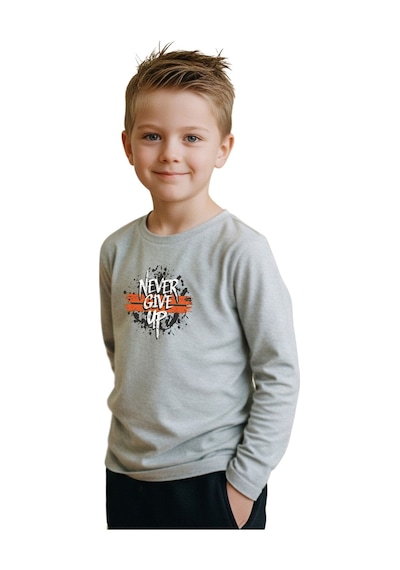 Panios Kids Düz Yuvarlak Yaka Nevver Give Baskı Detaylı Erkek Çocuk Sweatshirt Gri