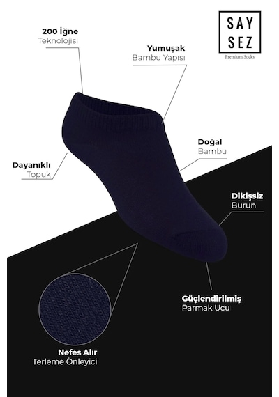 Saysez Bambu Erkek Sneaker Laci Çorap Dikişsiz Görünmez Spor Bilek 4'lü Lacivert