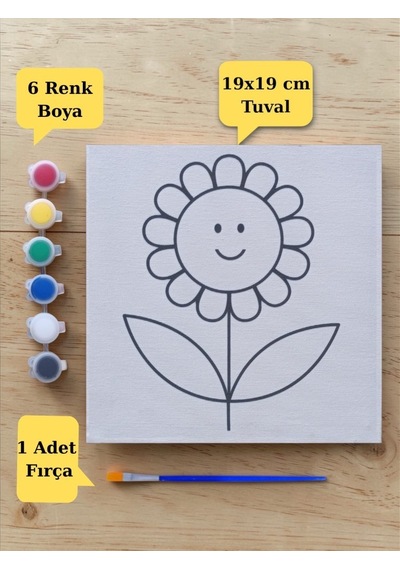 Sevimli Çiçek Baskılı Tuval Boyama Aktivite Seti 19x19 Cm Tuval, Fırça Ve 6 Renk Akrilik Boya Seti