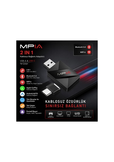 Bluetooth 5.4 Kablosuz Carplay Android Auto Adaptörü Wifi 6 Usb C Usb A Tak Çalıştır