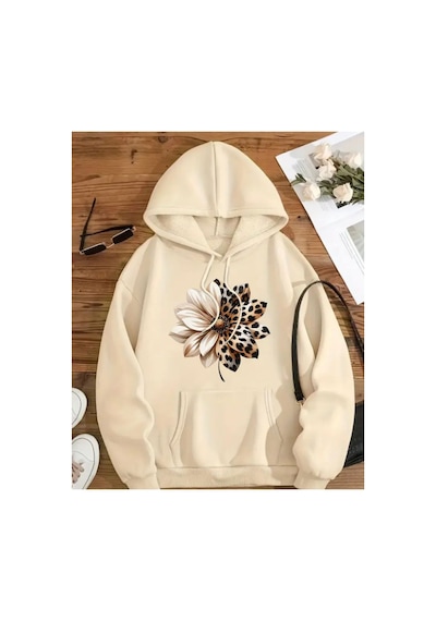 Herkesemoda Leopar Desenli Çiçek Baskı Detaylı İçi Polarlı Kapüşonlu Sweatshirt Bej