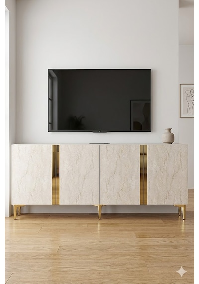 Ka1898btg Anka Konsol Ve Tv Sehpası Beyaz-traverten-gold 180cm