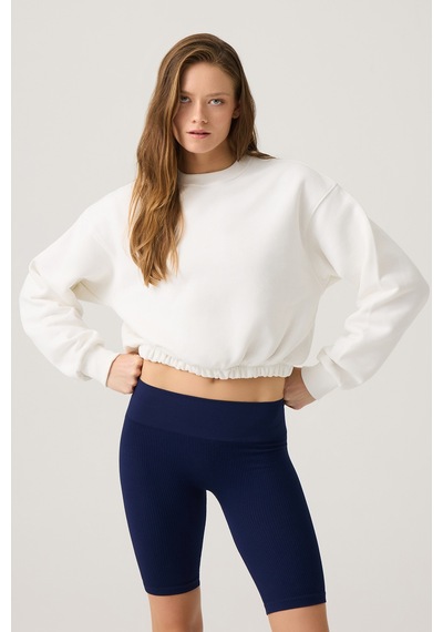 Los Ojos Ekru Geniş Kalıp Beli Büzgülü Crop Sweatshirt Cropped Pullover Ekru Ekru