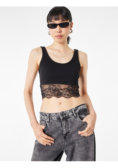 Koton Pamuklu Slim Fit Dantel Detaylı Kalın Askılı Crop Bluz Siyah 6sak10297ek