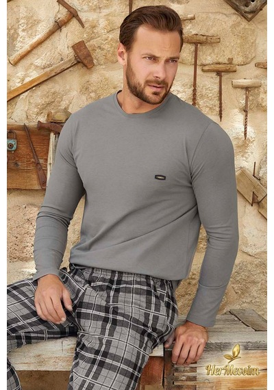 Aydoğan Erkek Kışlık Pijama Takımı Pamuklu Uzun Kol Jakarlı Gri Berk J-3382