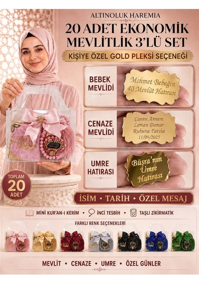 Ekonomik Mevlitlik 3'lü Set Mini Kur An, İnci Tesbih, Taşlı Zikirmatik, Kişiye Özel Pleksi .