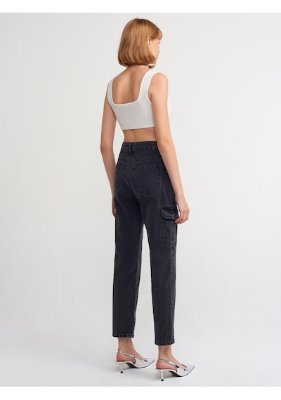 Dilvin Önü Parçalı Kargo Denim Pantolon  Siyah