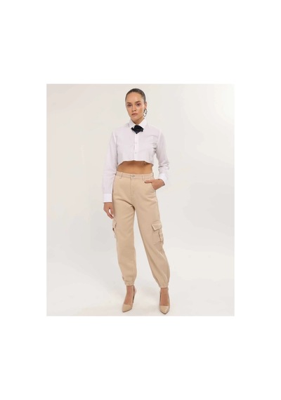 Kene Jeans Paça Lastik Kargo Cep Keten Mom Pantolon Bej