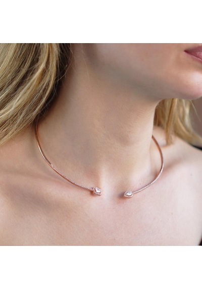 Baget Ve Damla Taşlı Rose Gold Kaplama Choker Gümüş Kolye Gümüş