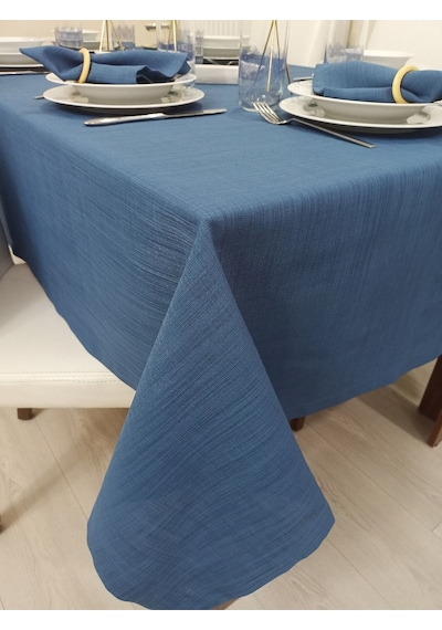 Keten Görünümlü Dertsiz Masa Örtüsü Indigo Mavi 13 Parça