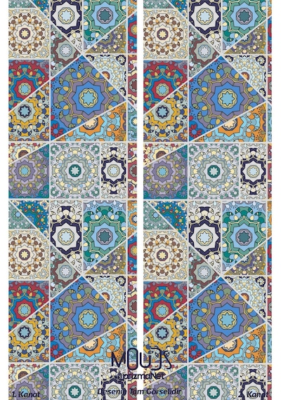 Mosque Tiles 4 Desenli Süet Oturma Odası Salon Fon Perde Baskılı Ekstrafor Büzgü 2 Kanat Prd-1087 Çok Renkli