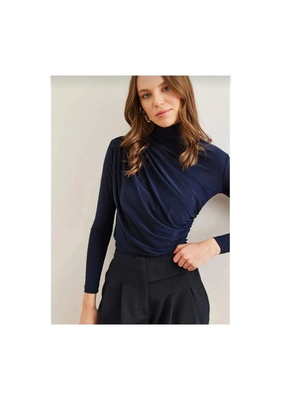 Unika Boutique Merrline Kadın Sandy Rahat Kumaş Drapeli Bluz Lacivert