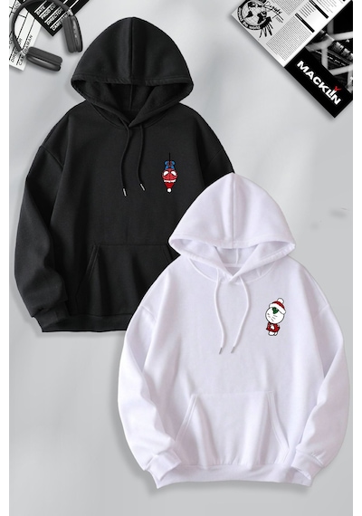 Macklin Sevgili Çift Kombini Spiderman Ve Hello Kitty Baskılı Yılbaşı Temalı Kapüşonlu Sweatshirt 2li Siyah Beyaz Mck1572 Çok Renkli