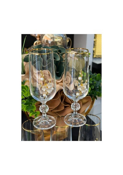 6 Adet Bohemia Kristal Gold Yaldızlı İnci Broşlu Kahve Yanı Su Bardağı Kadeh Altın