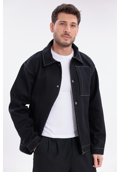 Erkek Dikiş Detaylı Oversize Gabardin Ceket - Mont-392 Siyah