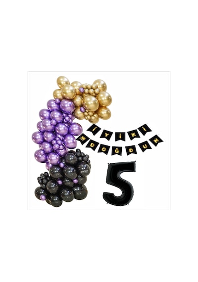 5 Yaş Siyah, Gold, Mor Balon+banner Seti