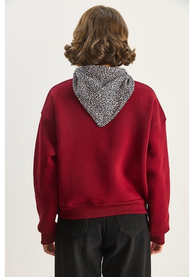 Shade Kadın Fular Detaylı Leopar Nakışlı Üç İplik Şardonlu Oversize Sweatshirt 6917 60283616 - Bordo