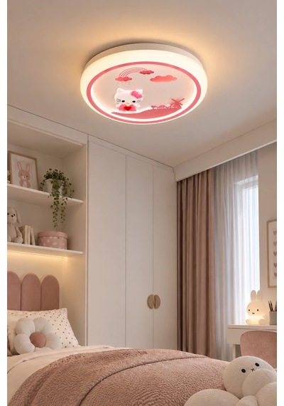 Kumandalı 3 Renk Hello Kitty Desen Ledli Plafonyer Tavan Avizesi 50 Cm 48w Kız Çocuk Odası Modelleri Beyaz