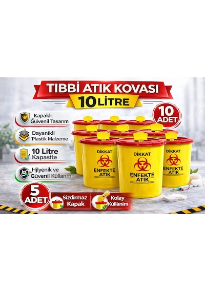 Tıbbi Atık Kovası 10 Litre 10 Adet Kapaklı Tıbbi Atık Kutusu Enfekte Atık Kovası Seti