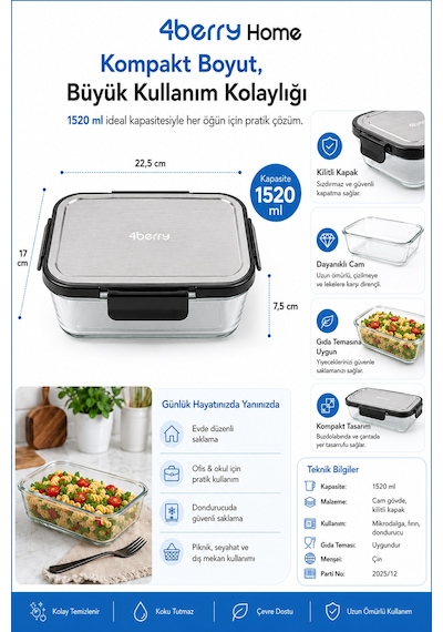 1520 Ml Kilitli Cam Saklama Kabı İnoks Kapaklı Yemek Ve Kahvaltılık Kabı Şeffaf