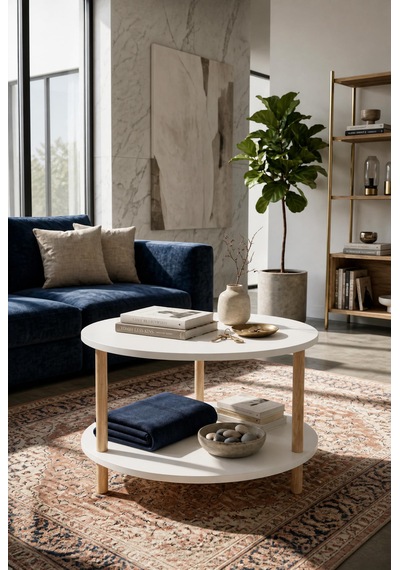 Oval Modern Kolay Kurulum İki Katlı Yuvarlak Orta Sehpa Raflı Şık Dayanıklı Beyaz