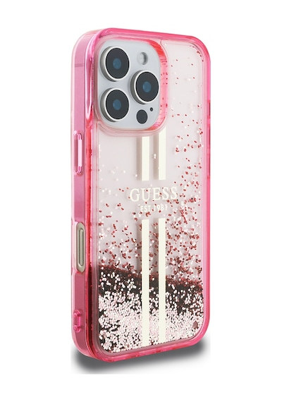 Apple Uyumlu iPhone 16 Pro Max Kılıf Guess Lisanslı Transparan Sıvılı Simli Altın Çizgili Kapak Pembe