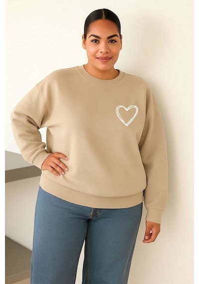 Benroma 3 İplik Penye Kalp Baskılı Unisex Sweatshırt Bej