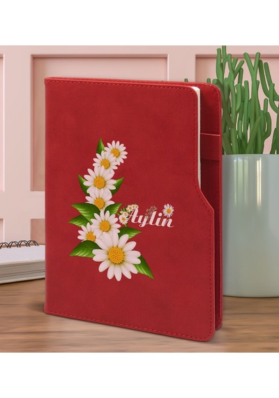 BK Gift Kişiye Özel Papatya Temalı Kırmızı Termo Deri Not Defteri