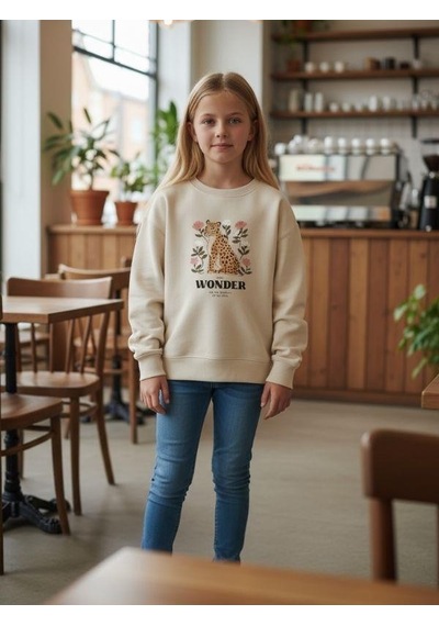Kız Çocuk Leopar Desenli Sweatshirt-16344 KREM