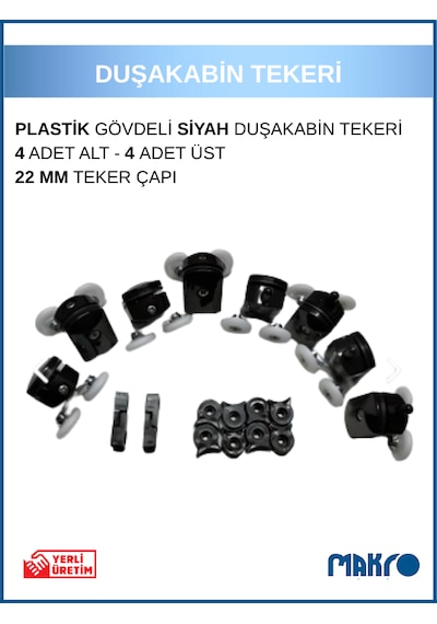 Duşakabin Tekerleği 8'li Cam Kabin Tekeri Rulman Siyah Plastik Gövdeli Bilyalı Çift Tekerlekli Siyah
