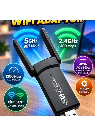 Ac1200 Usb Wifi Adaptör 1200 Mbps Çift Bant Kablosuz Ağ Adaptörü