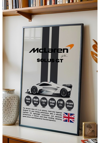 Mclaren Solus Gt Tablo - Teknik Özellikli Pist Arabası Poster - Çerçeveli Duvar Dekoru Siyah