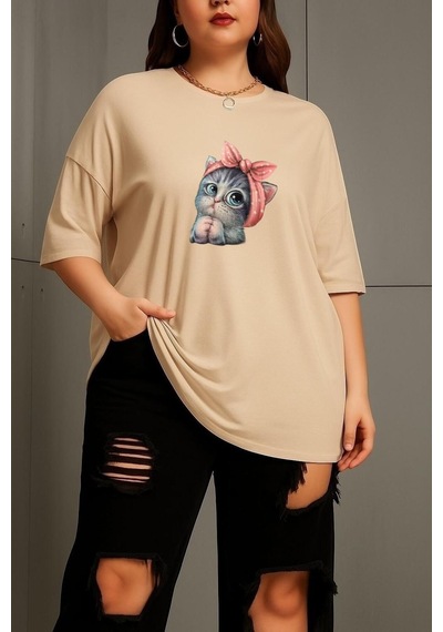 Büyük Beden Minnoş Kedi Baskılı Unisex Tişört Bej
