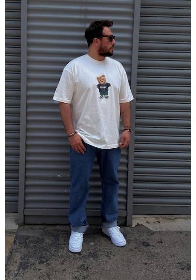Erkek Bisiklet Yaka Baskılı Oversıze Beyaz T-shirt Beyaz
