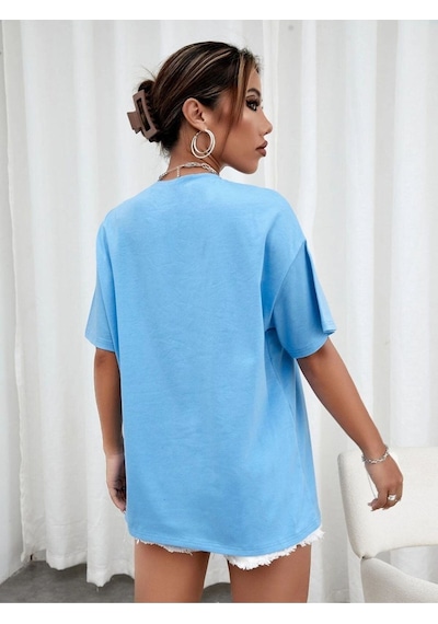 Flood Of Style Kadın Mavi Love Never Faıls Baskılı Oversize Bisiklet Yaka Tshirt