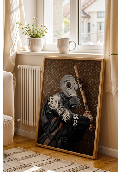 Sokak Savaşçısı Çerçeveli Tablo Gaz Maskeli Zırhlı Şövalye Oyun Odası Dekoru Modifiye Sanat
