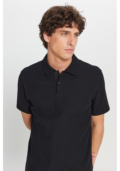 AC&Co / Altınyıldız Classics Erkek Sıyah %100 Pamuk Slim Fit Dar Kesim Polo Yaka Jakarlı Triko Tişört SIYAH
