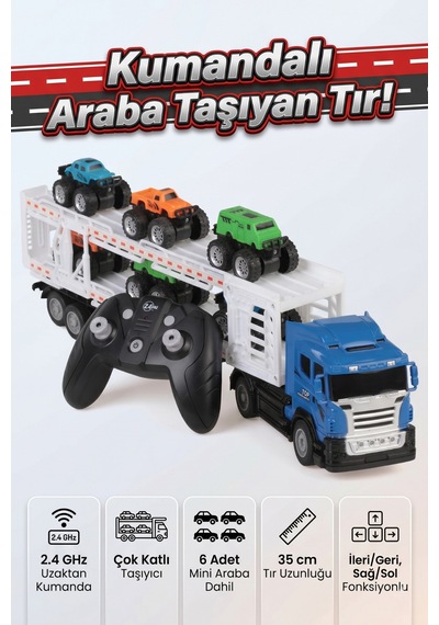 Oyuncak Uzaktan Kumandalı Araba Taşıyan Tır 35 Cm - 6 Adet Mini Arabalı Set 1:32 Ölçek Mavi