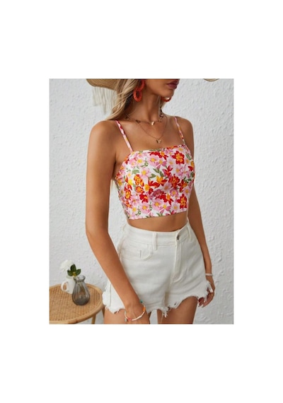 Bella Notte Retro Çiçek Baskılı Sırt Dekolteli Crop Bluz Pembe