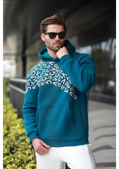 Madmext Petrol Yeşili Baskılı Kapüşonlu Erkek Sweatshirt E7160 Petrol Mavi