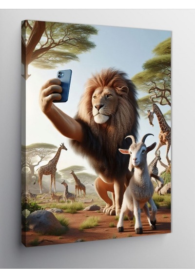 Kanvas Tablo Selfie Yapan Aslan Ve Keçi 50cmx70cm