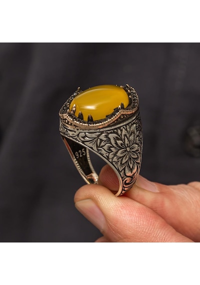 Sarı Akik Taşlı Kakma Oyma Motif 925 Gümüş Erkek Yüzük