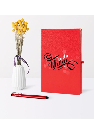 Kişiye Özel Yılbaşı Mutlu Yıllar Temalı Kırmızı Defter Kalem Seti - 6