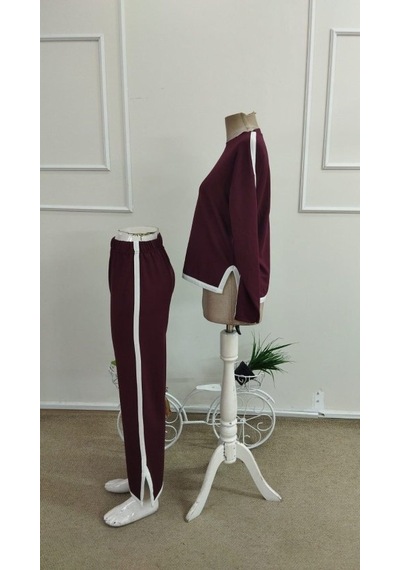Bhrwear Kadın Uzun Kollu Bisiklet Yakalı Yan Şerit Detaylı Yırtmaçlı Viskon Iki Iplık Bluz Ve Pantolon Ikili Takım Renkli